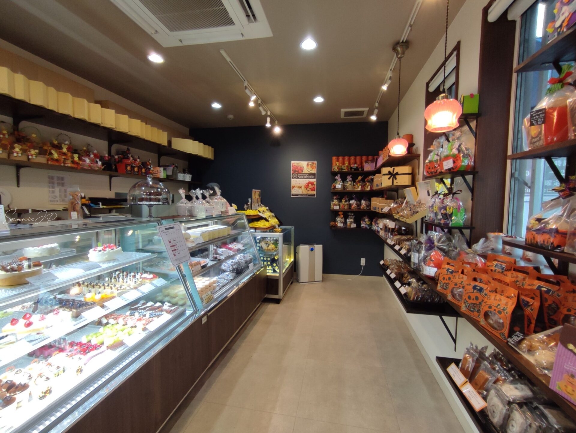 パティスリーノコノコの店内とショーケース・焼き菓子棚が並ぶ様子