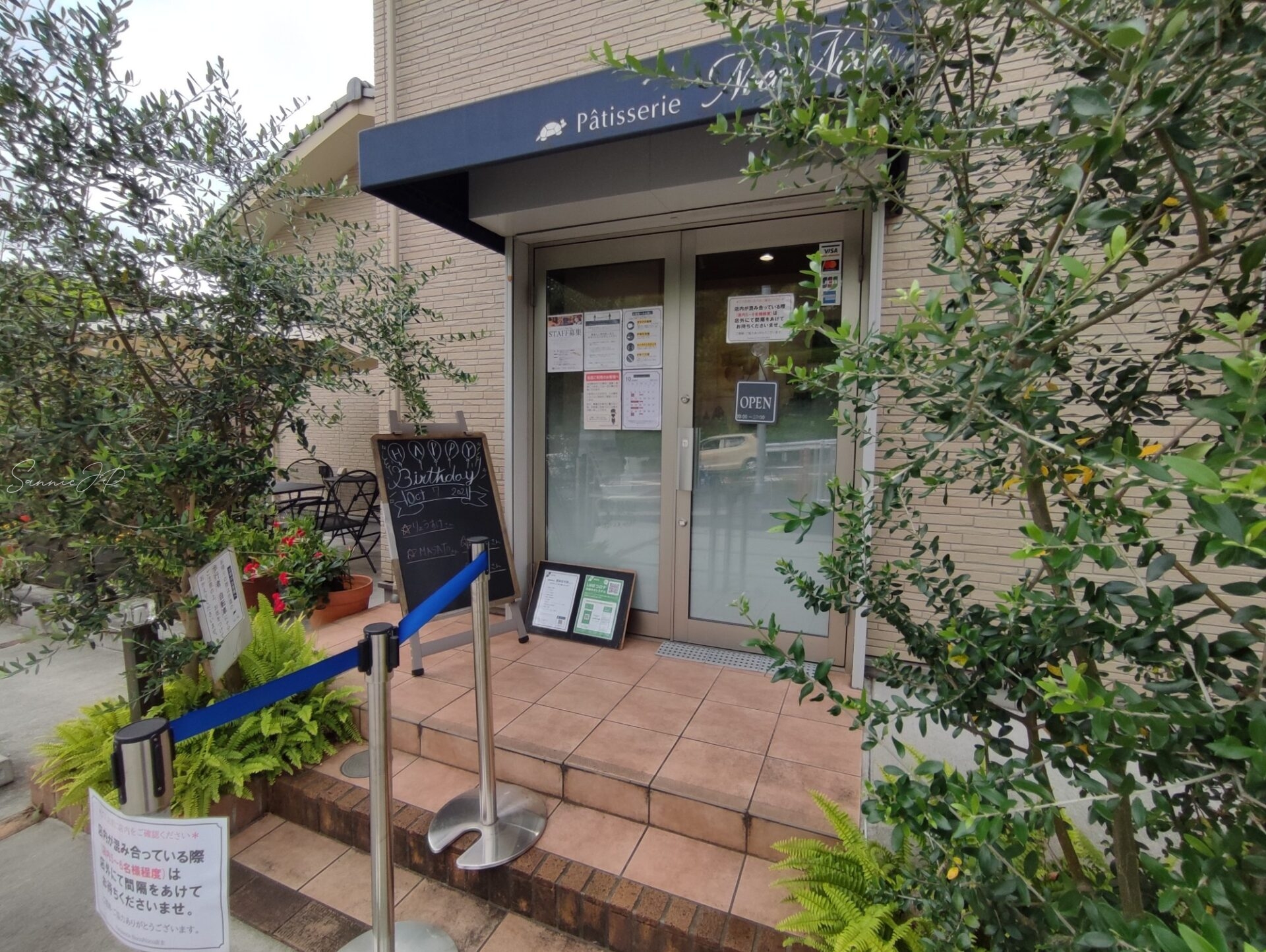 シンボルツリーが植えられたパティスリーノコノコの店舗入口まわり