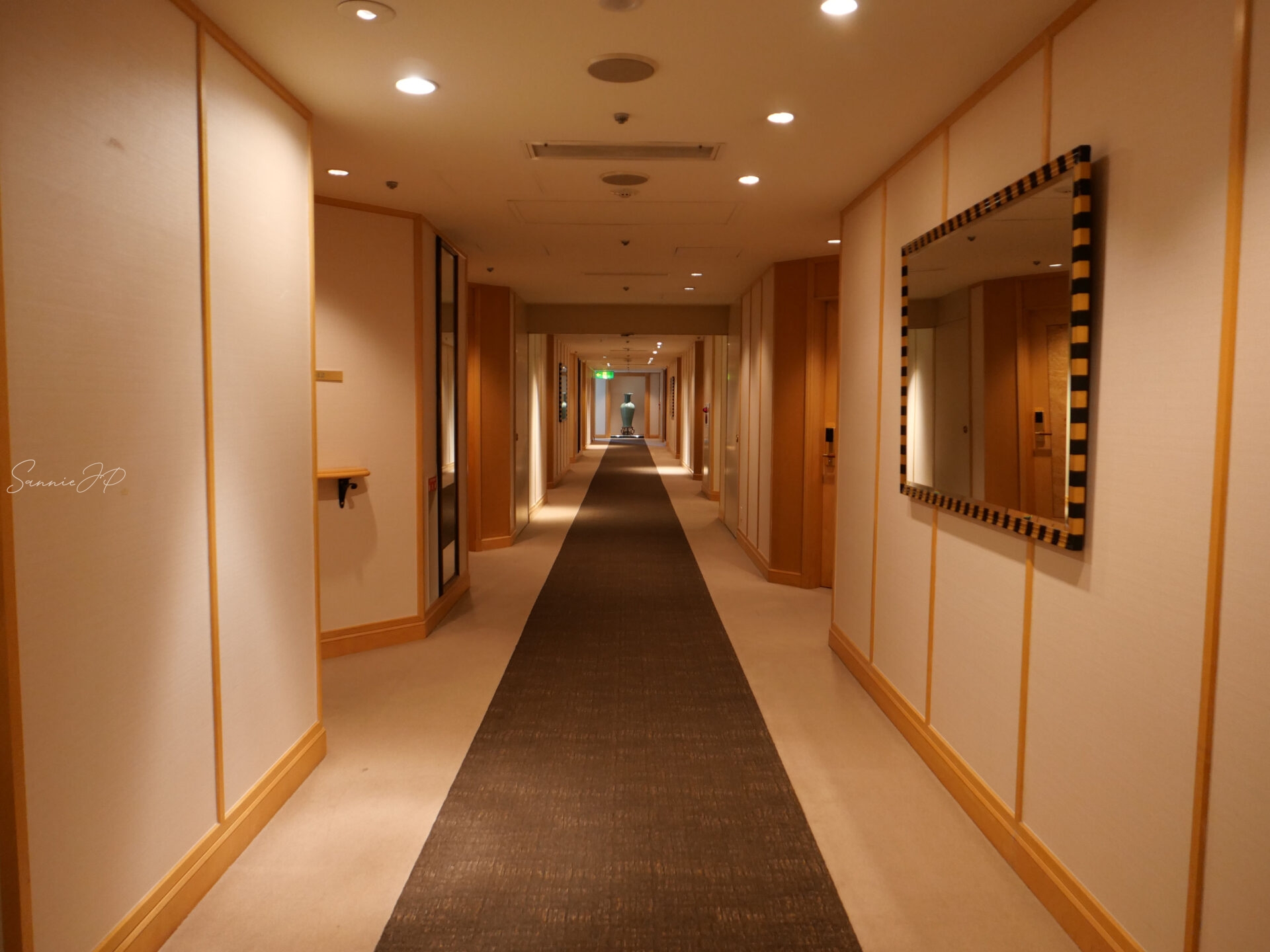 ホテルアラマンダ青山の廊下。落ち着いた色調と照明が調和し、静かな大人のホテルステイを演出。