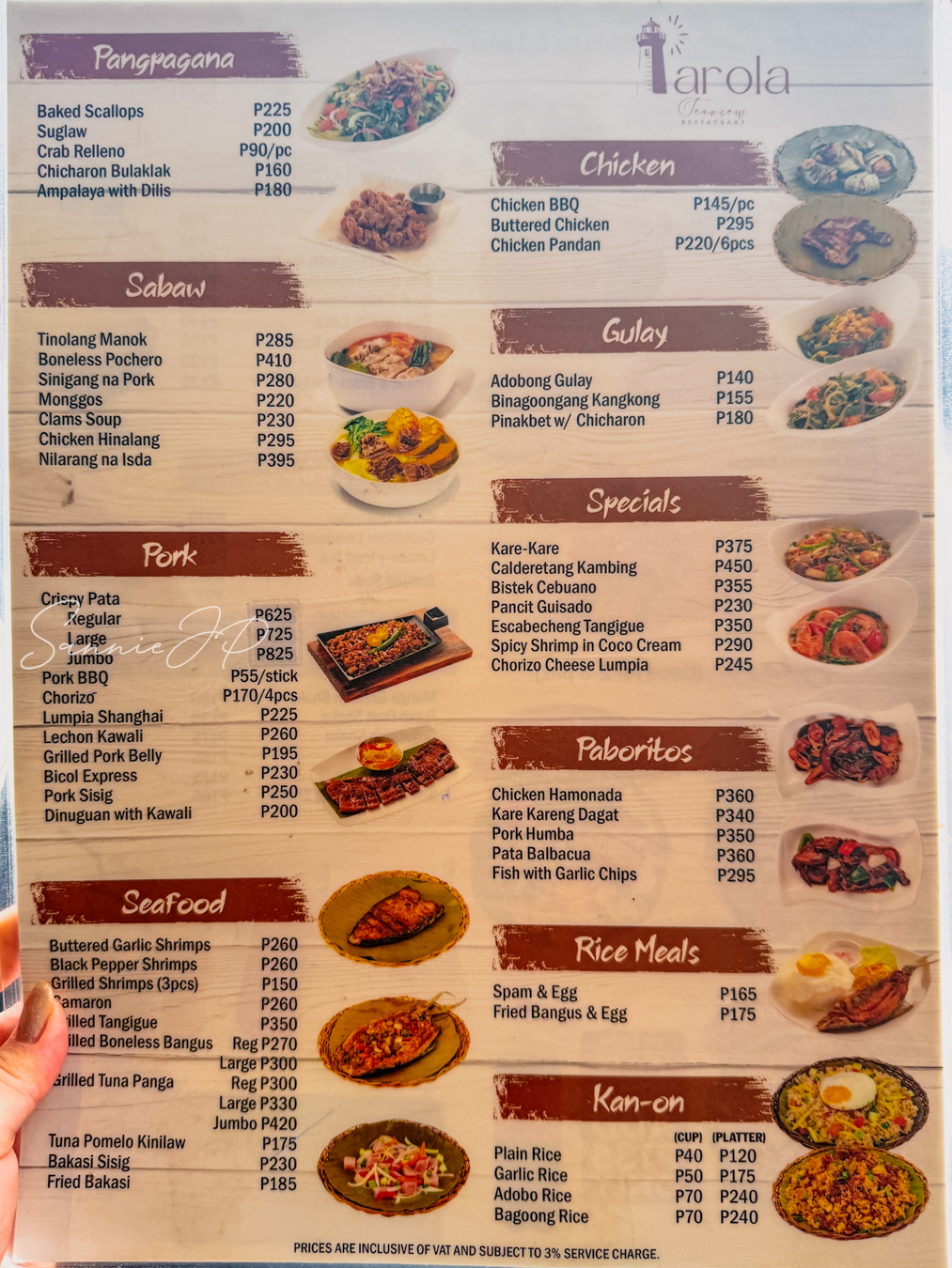 Parola Seaview Restaurantのメニュー表