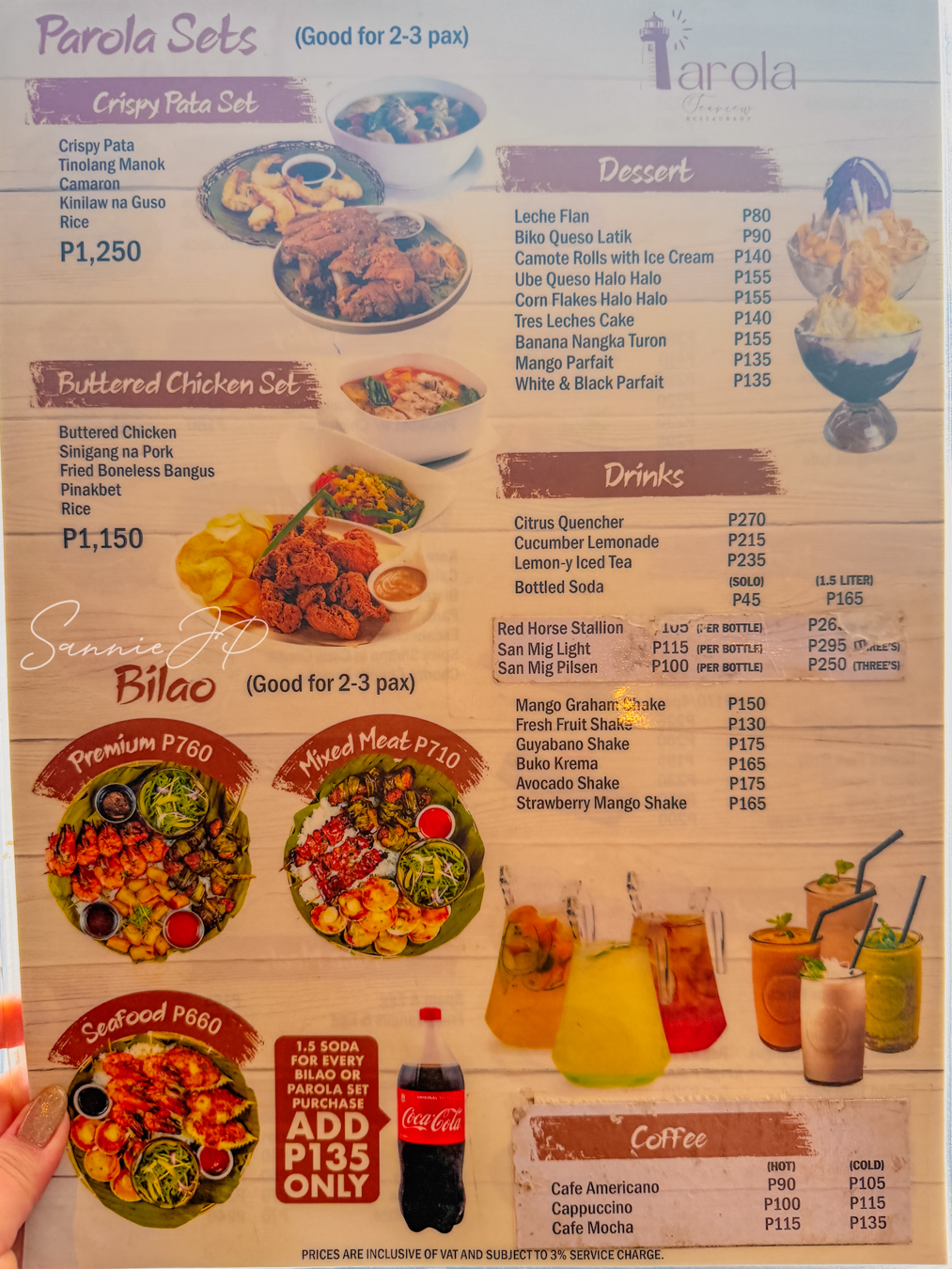 Parola Seaview Restaurantのメニュー表