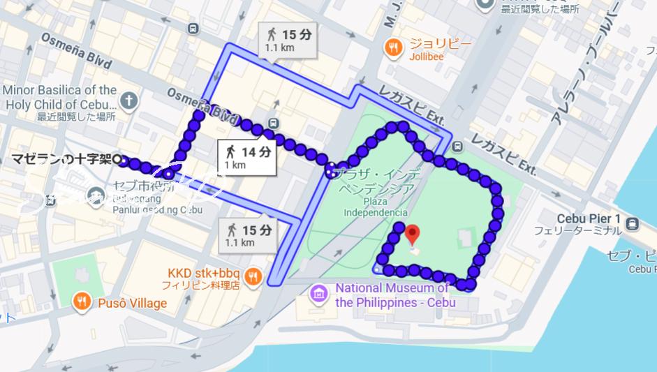サントニーニョ教会・マゼランクロス周辺からサンペドロ要塞までのGoogleマップ徒歩ルート