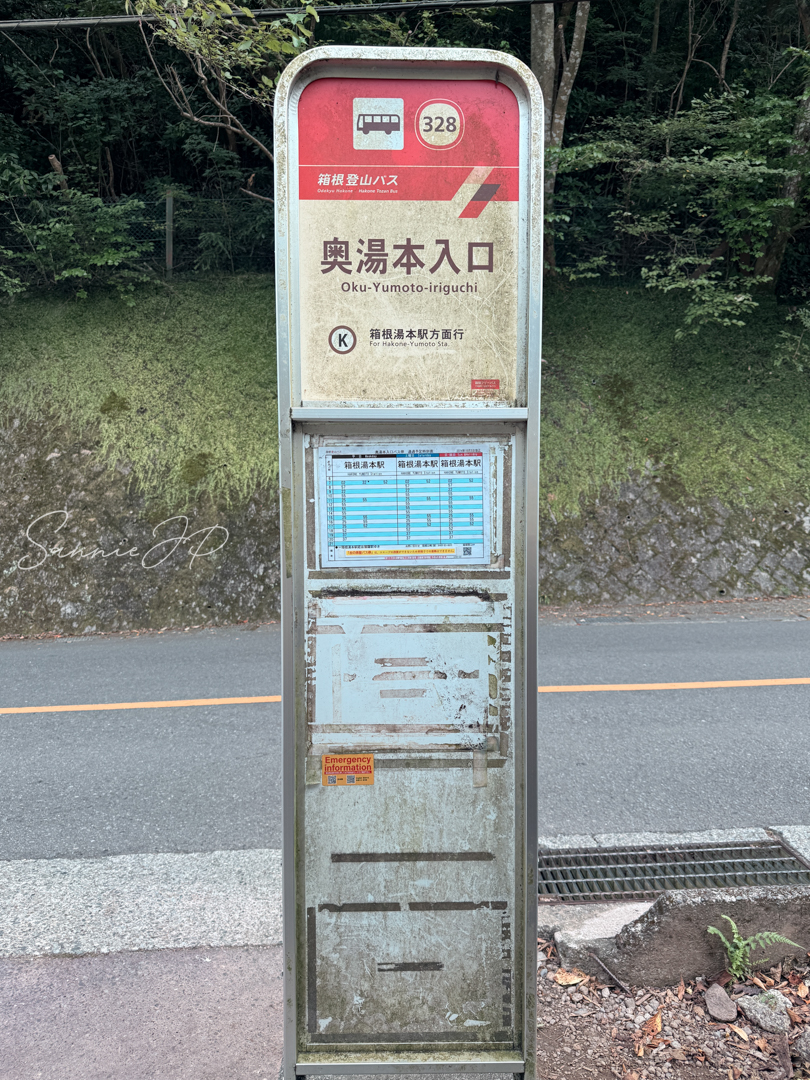 奥湯本入口の停留所看板。天山湯治郷最寄りで分かりやすい
