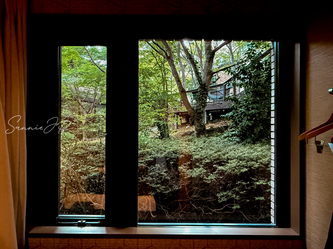 箱根ゆとわ103号室の窓からの景色。テラス側の緑と建物が見えるひとり旅目線の眺め