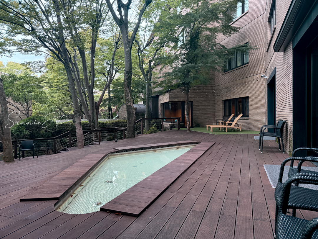 足湯全体（昼）｜木々に囲まれた三角形の足湯、自然と調和したデザイン