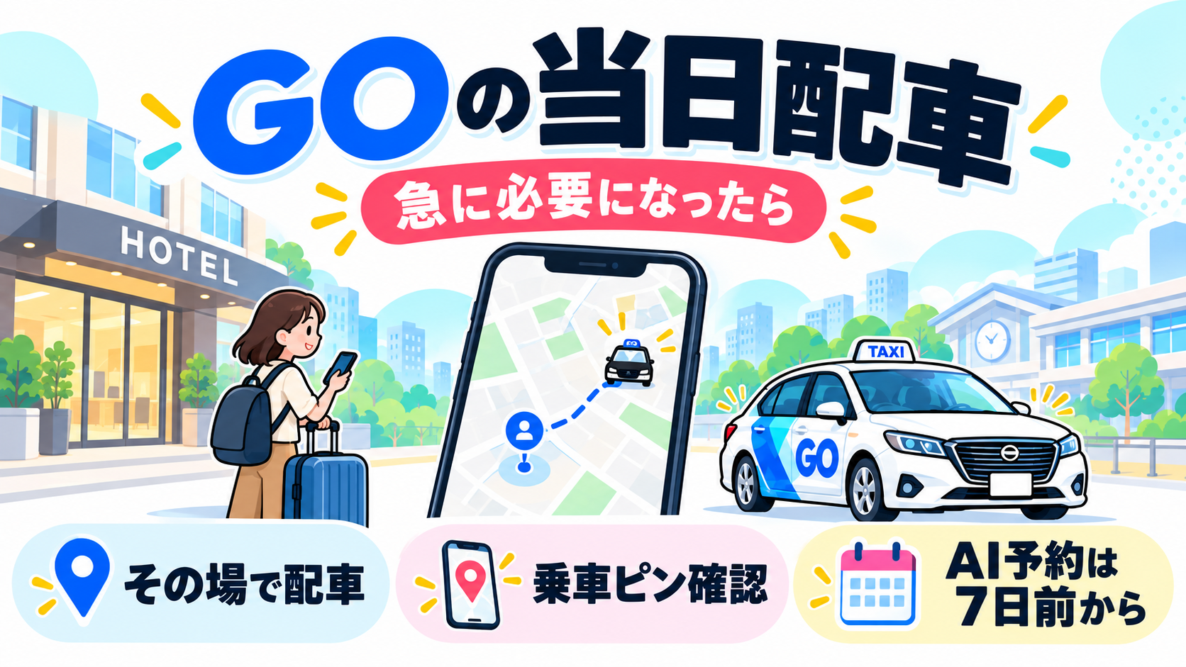 GOで近くのタクシーを探す当日配車と、7日前から利用できるAI予約、乗車ピンの確認を紹介するイラスト