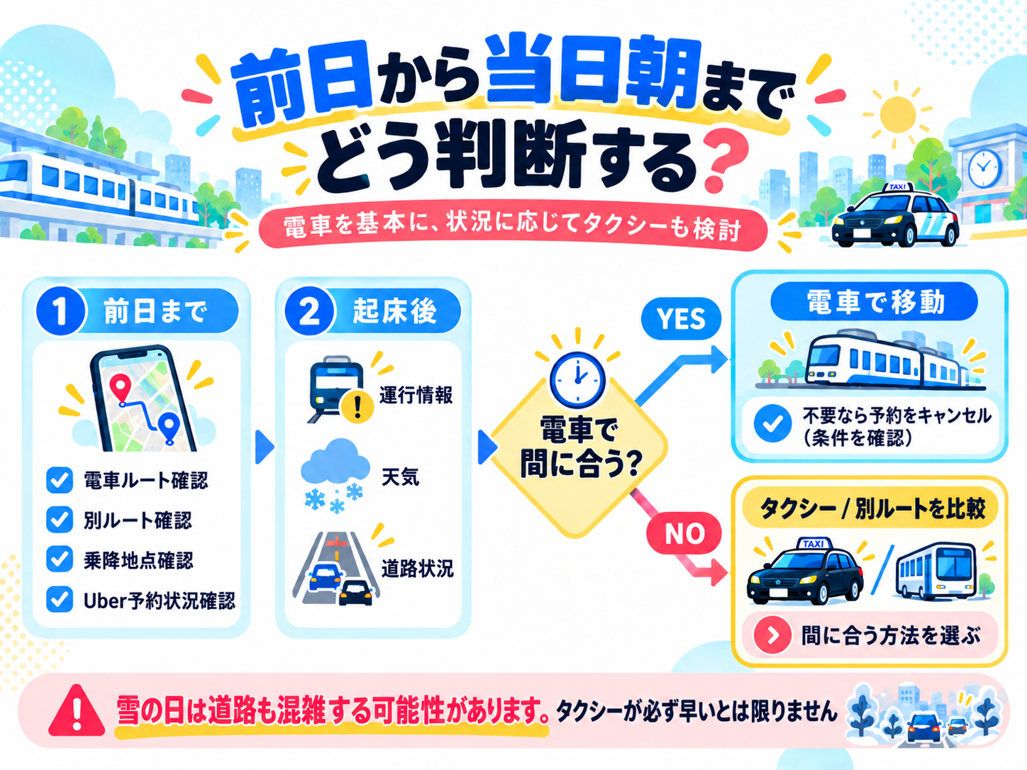 前日の経路確認と当日朝の電車運行情報・天気・道路状況から、電車かタクシーかを判断する流れを示した図
